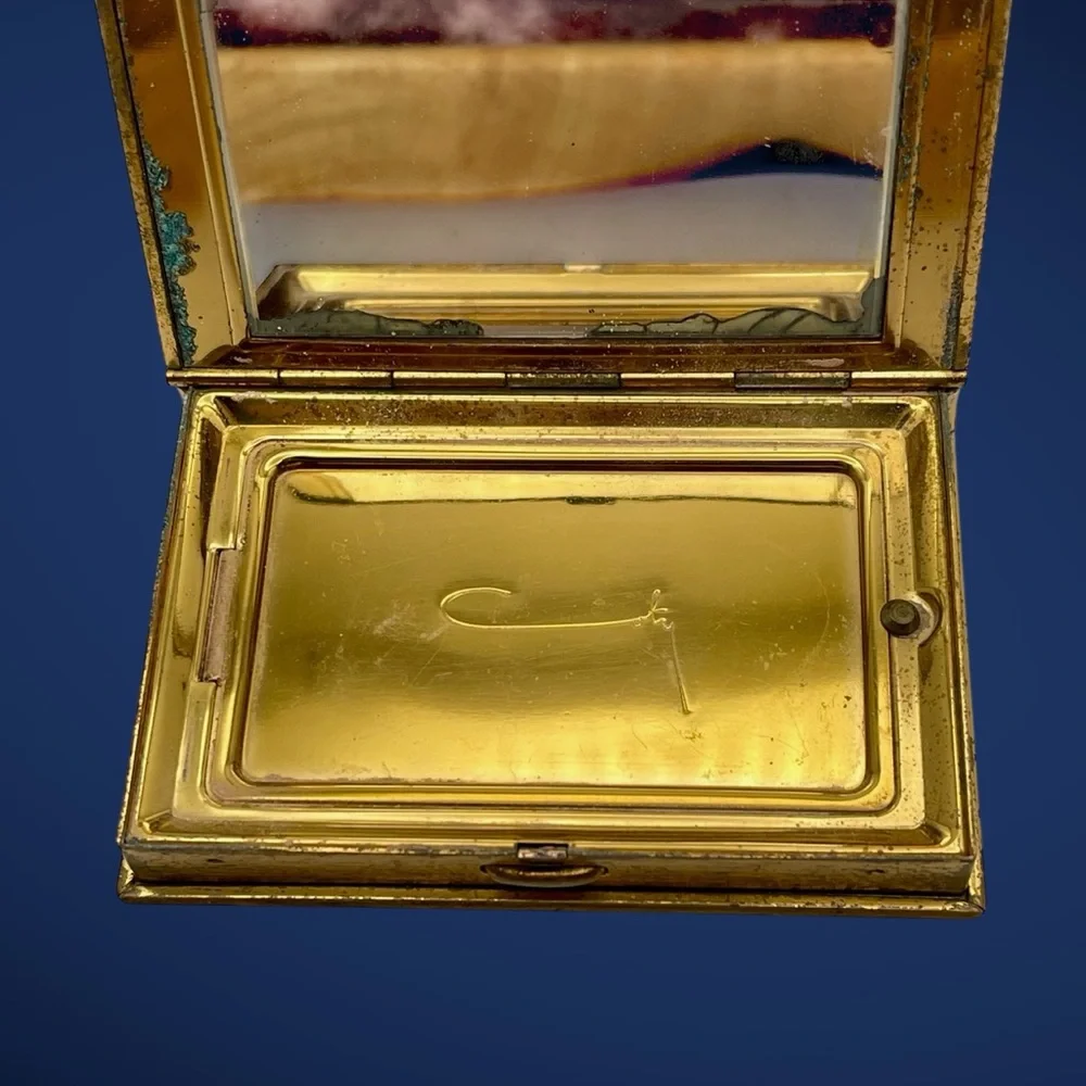 Coty New York Gold Tone Mirror Compact Book Design Hinged MCM Nice Collectible